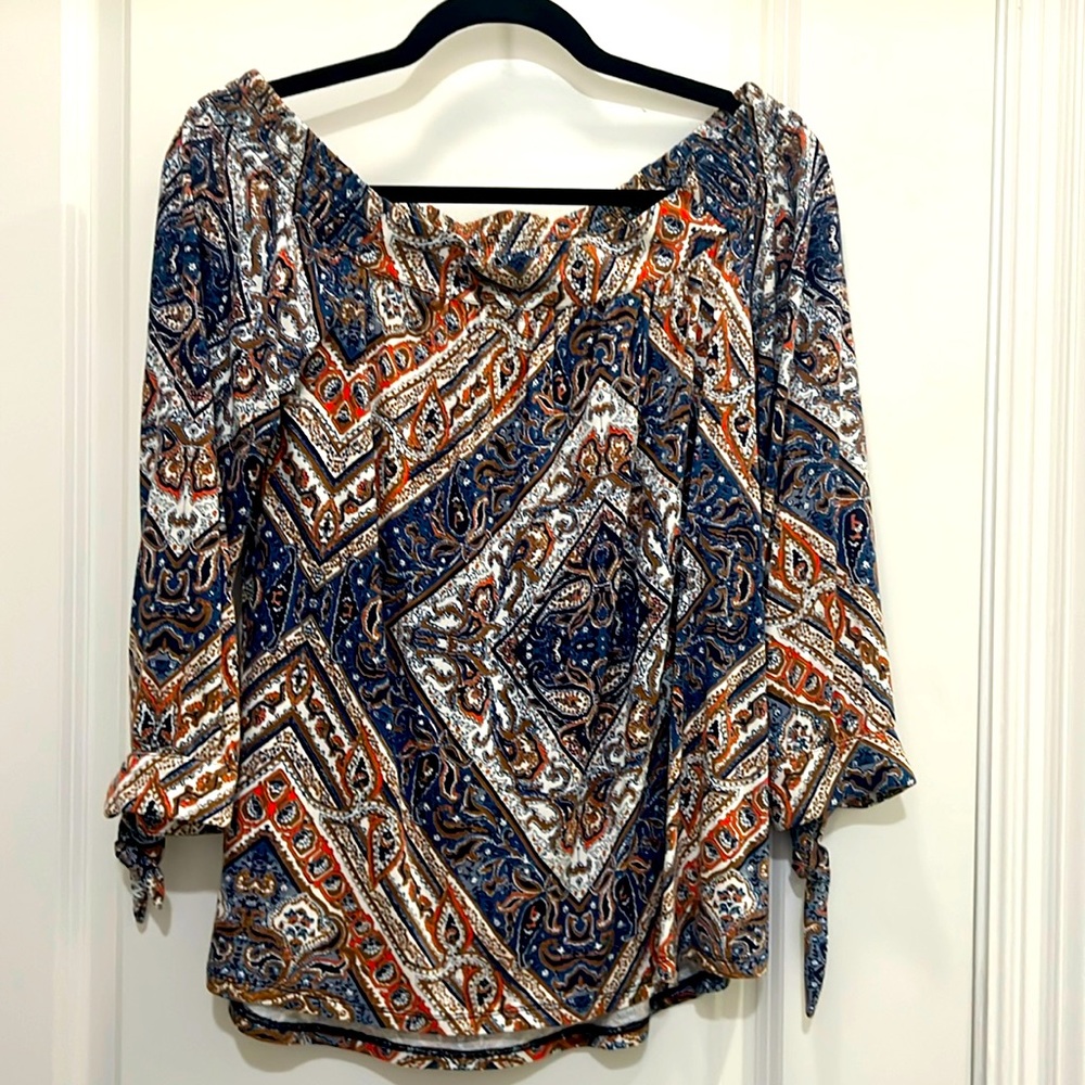 Daniel Rainn Boho Paisley 3/4 Sleeve Tie‎ Detail Blouse Navy Orange Off Shoulder
